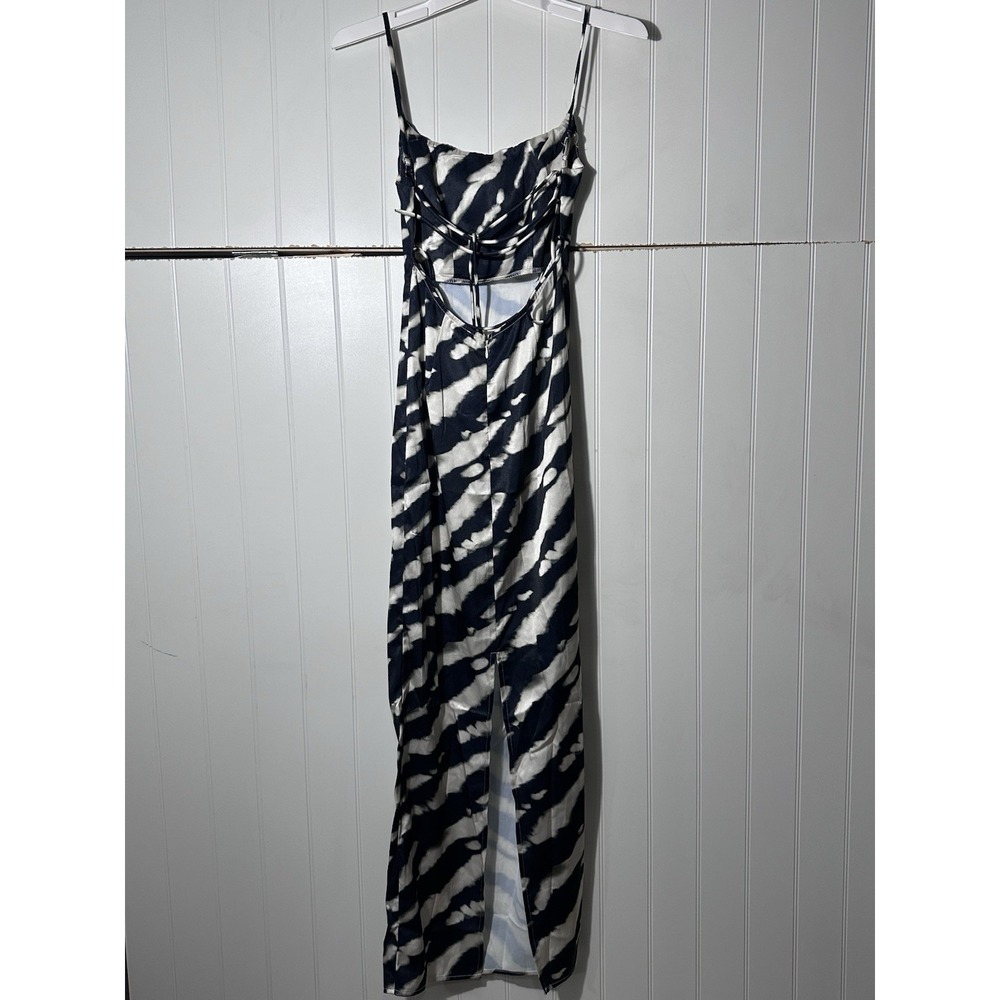 White Fox Boutique Zebra Print Maxi Dress XXS Black White Lace Up Back Satin - Picture 3 of 9